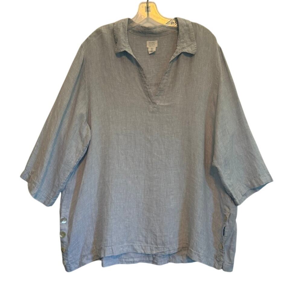 Sigrid Olsen 3/ Sleeve Notched Collar Linen Popover Tunic Blue Womens 1X Relaxed
